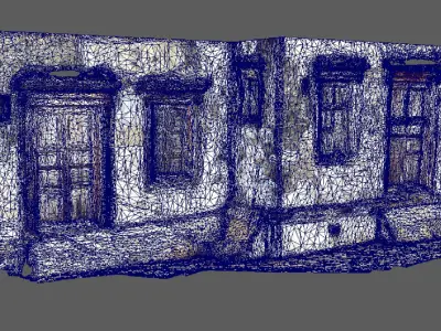 A ruined house wall with windows on sides  doors in the center 3D model