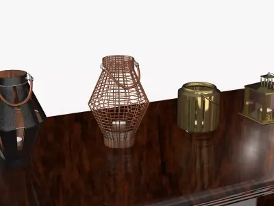 candlesticks gold lantern on wooden table 3D model