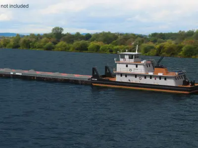  Tugboat Pushed Hopper Barge with Crushed Stone on Water 