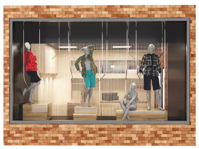 Store08 mannequins in window of brick building 3D model