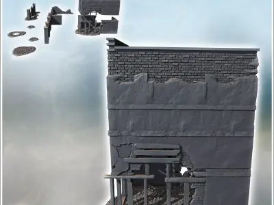 Ruined brick wall with collapsed roof sections and scattered deb 3D print model
