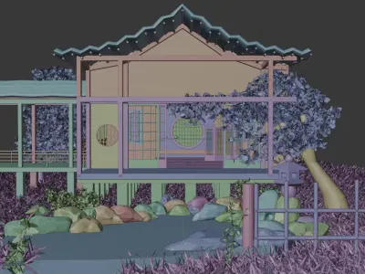 Japanese house with a small pond 3D model