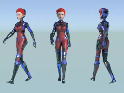 Asymmetric Robotic Character RED Low-poly 3D model