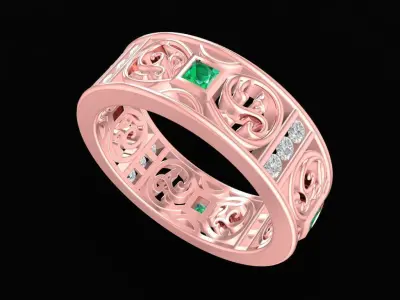 Elegant Filigree Band Ring with Square Stone Accents  2169 3D print model