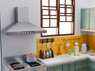 Stylized Cozy Kitchen Room  Isometric Interior Low-poly 3D model