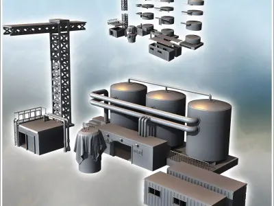 Set of industrial buildings with a crane tank triple tanks and c 3D print model