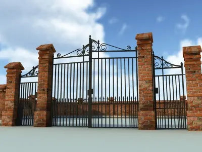 Brick Fence Wall Gate 3D model