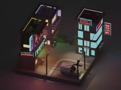Isometric City Night Low-poly 3D model