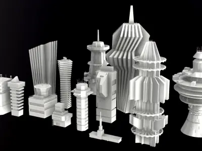 Sci-Fi Kitbash Low-poly 13 buildings Low-poly 3D model