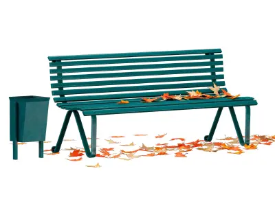 Park bench and autumn maple leaves 3D model