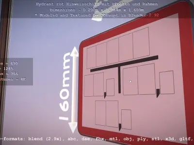 Hinweisschild Hydrant Rot mit Pfosten und Rahmen Low-poly 3D model
