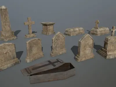 Tomb Stone Set Low-poly 3D model