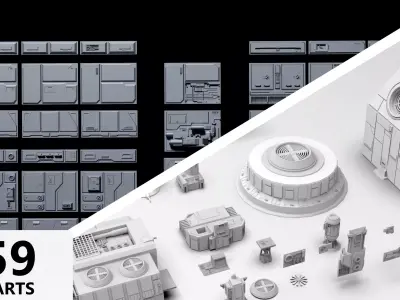 Sci-Fi Wall Panels and Industrial parts Kitbash - 59 Parts  3D Model Pack