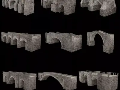 MEDIEVAL BRIDGE CASTLE STONE PLATFORM RUINED ROAD COLLECTION Low-poly 3D model