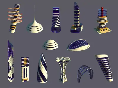 Low Poly Futuristic City Pack Buildings  Vehicles Trees  Low-poly 3D model