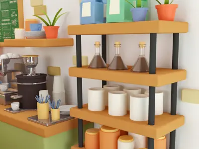 Stylized Isometric Coffee Shop Interior 3D Model Cozy Cafe Scene 3D model