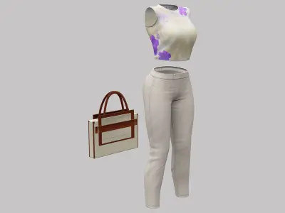 Floral Top Beige Pants Bag Fashionable Casual Street Outfit Low-poly 3D model