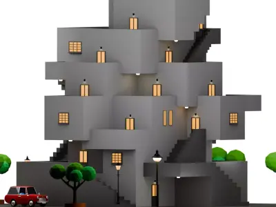 Brutalist Isometric House - Low Poly Game Ready Low-poly 3D model