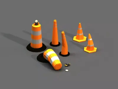 Post Apocalyptic Road Cones Pylons and Barrels Low-poly 3D model