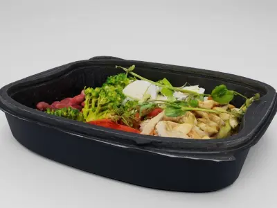 Poke bowl lunch box broccoli arugula quail eggs asparagus beans 3D model