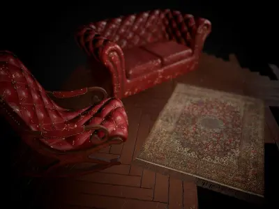 Worn Chesterfield Sofa Set and 2 PBR Materials Low-poly 3D model