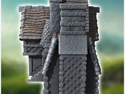 Tiled-roof medieval building with fireplace access staircase and 3D print model
