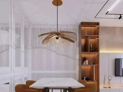 Organic Wavy Wood Slat Pendant Lamp - Modern Boho Chandelier 3D model