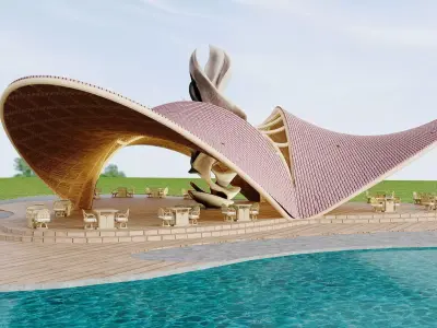 Futuristic Pavilion with Curved Roof and Outdoor Terrace 3D model