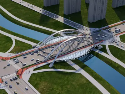 Modern urban steel arch bridges  highway and pedestrian bridges Low-poly 3D model