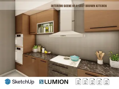Interior scene of a grey brown kitchen  3D model
