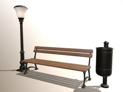Street set Bench Streetlight Urn 3D model