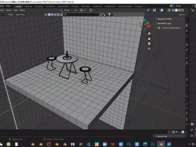 Round table and stool furniture set placed on wooden floor 3D model