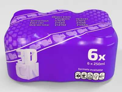 6 pack 250ml beverage cans in a plastic shrinkwrap 3D model