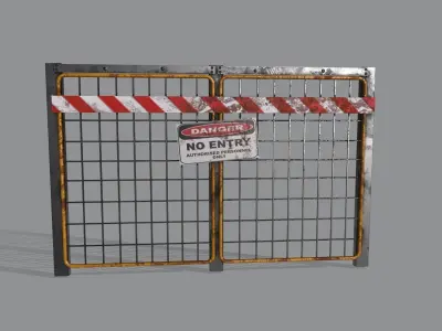 Barricade PBR metal gate with warning sign Low-poly 3D model
