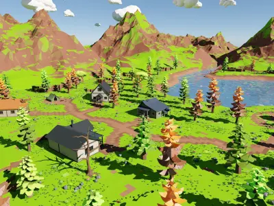 Mountain Village With Train 3D model