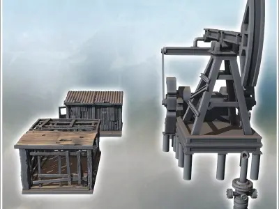Oil rig with wooden structures pipes and mechanical equipment on 3D print model