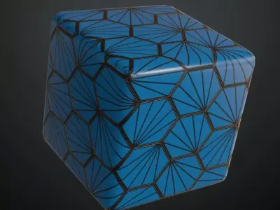 Blue Art Deco Hexagonal Fan Ceramic Tiles PBR Seamless Texture