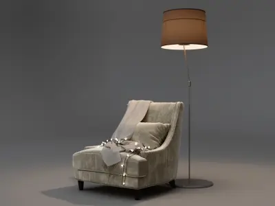 Armchair with plaid garland and floor lamp 3D model