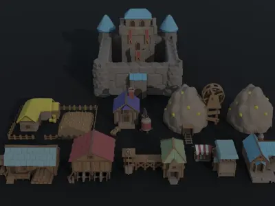 Cartoon fantasy city buildings Polygonal Style Low-poly 3D model