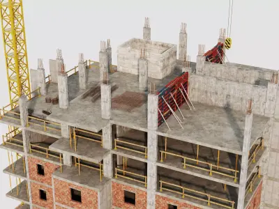 Mid Rise Construction Tower Crane Brick Building 3D Model  Low-poly 3D model