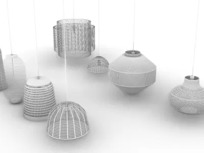 Woven Rattan Pendant Lamps and Chinese Lantern  3D model