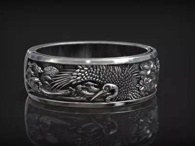 Japanese Stork Bird Sea Wave and Wind Wedding Ring 3D print model
