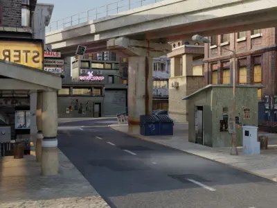 city with rail flyover Low-poly 3D model