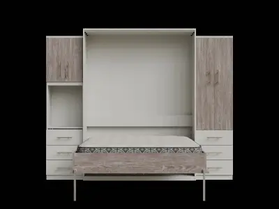 White Cabinet Light Brown Wood Wall Bed Opened Low-poly 3D model