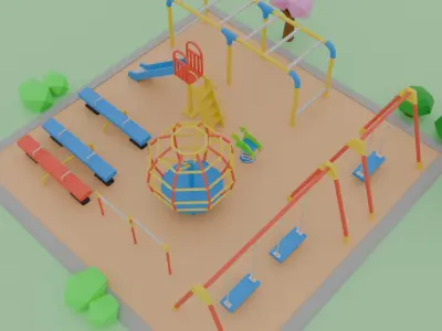 Low polygon Japanese park playground equipment set Low-poly 3D model