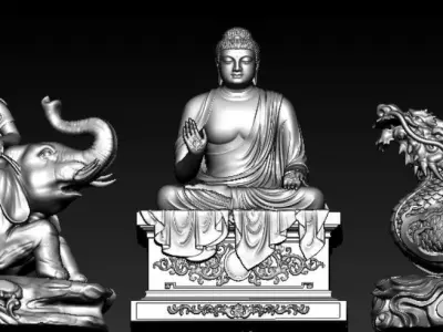 Buddha and Bodhisattva Manjushri and Bodhisattva Universal sage 3D print model