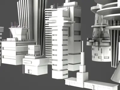 Sci-Fi Kitbash Low-poly 13 buildings Low-poly 3D model