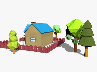 Cartoon Scene with House and Trees 3D model