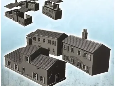 Set of three European houses in plaster and stone with floors 6  3D print model