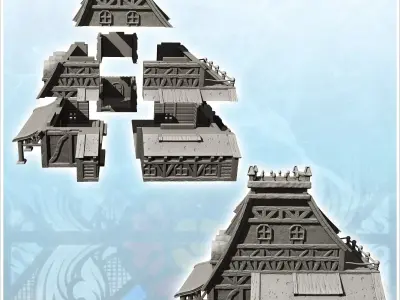 Large medieval half-timbered building with spiked roof and side  3D print model
